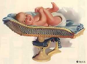 nostalgisch plaatje baby op weegschaal