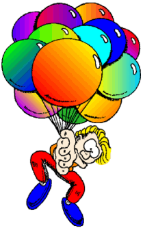 man hangt aan tros ballonnen in de lucht