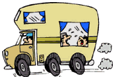 camper met zingende kinderen voor het raam