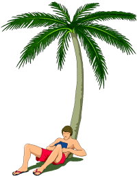 vakantie, zittend tegen een palmboom