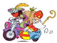 Sinterklaas en Zwarte Piet op motor met zijspan